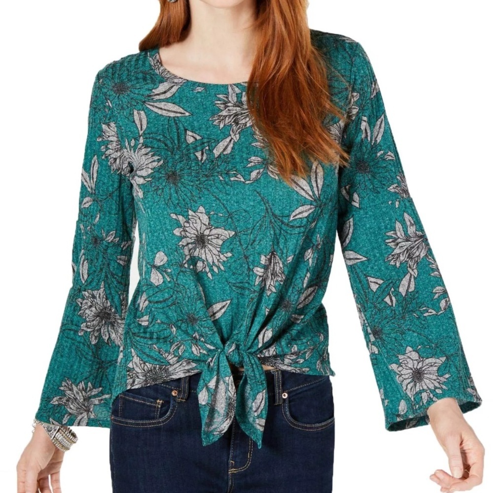 NWT Style & Co Green Floral  Tie-Front Lantern Sleeve Ribbed Top